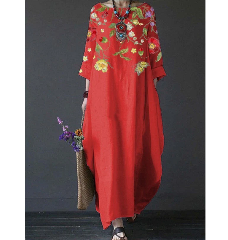 Women's Floral Embroidered Cotton Linen Maxi Dress