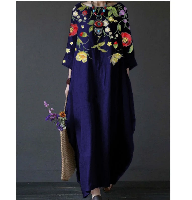 Women's Floral Embroidered Cotton Linen Maxi Dress