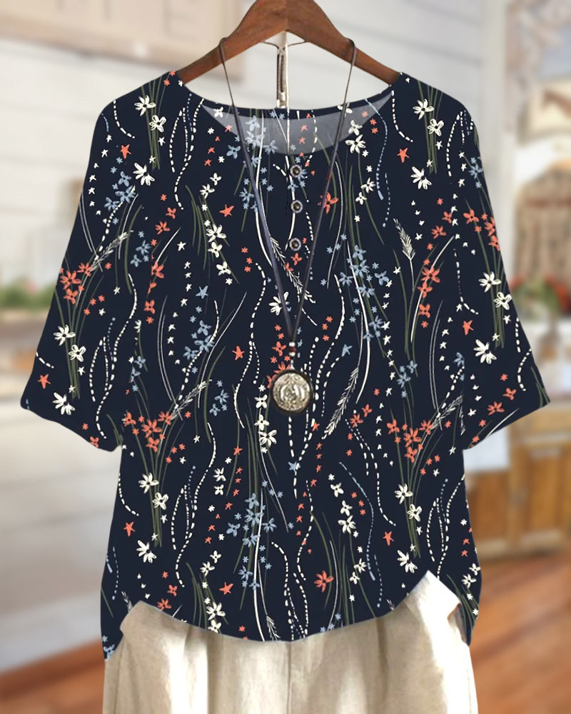 Floral Print Casual Round Neck Blouse