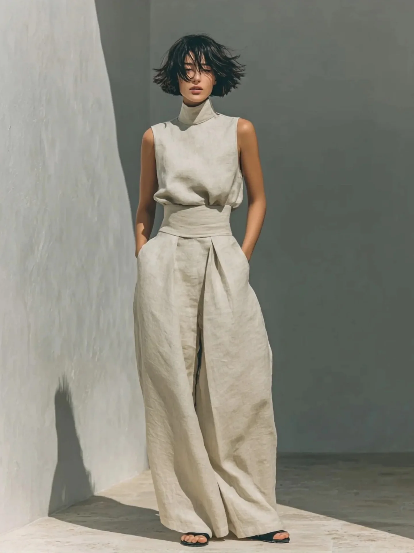 Women's Two-piece Sleeveless Top High-neck Trousers Wide-leg Pants 2026 Spring And Summer New Cotton Linen Casual Suit For Women