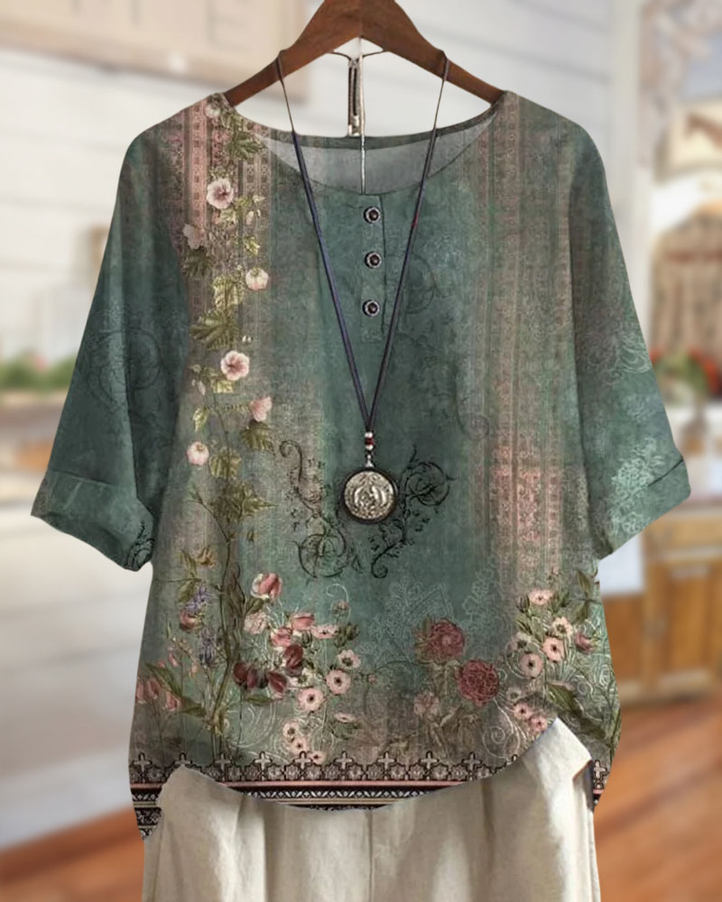 Floral Print Casual Round Neck Blouse