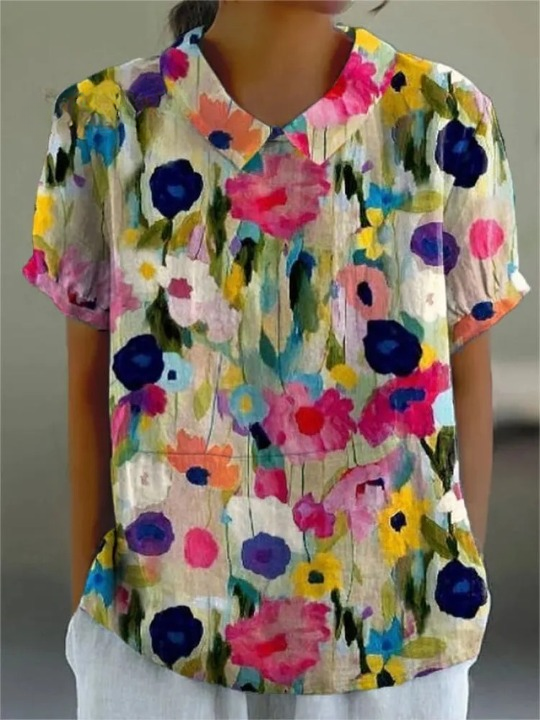 Women's Retro Floral Art Print Casual Cotton And Linen Shirt