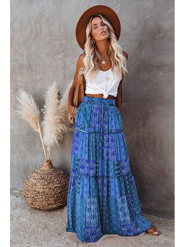 Women's Boho Maxi Skirt – Vintage Print Swing Long Skirt with Drawstring, Casual Vacation Summer Skirt