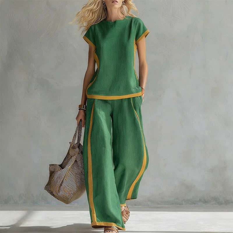 Women's Casual 2-Piece Set – Top & Shorts/Pants, Contrast Trim, Soft Fabric