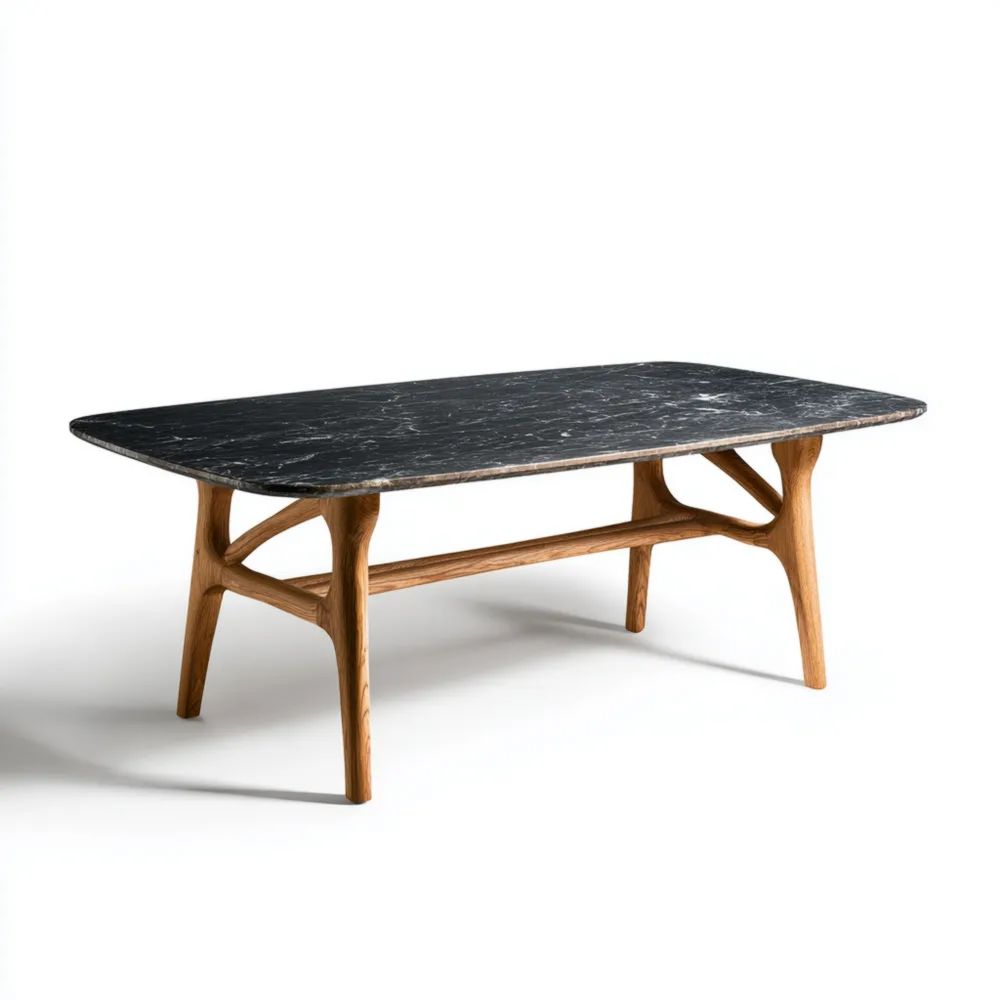 Table à manger 180x90x75 cm en Marbre Noir et Bois Marron – Design Contemporain