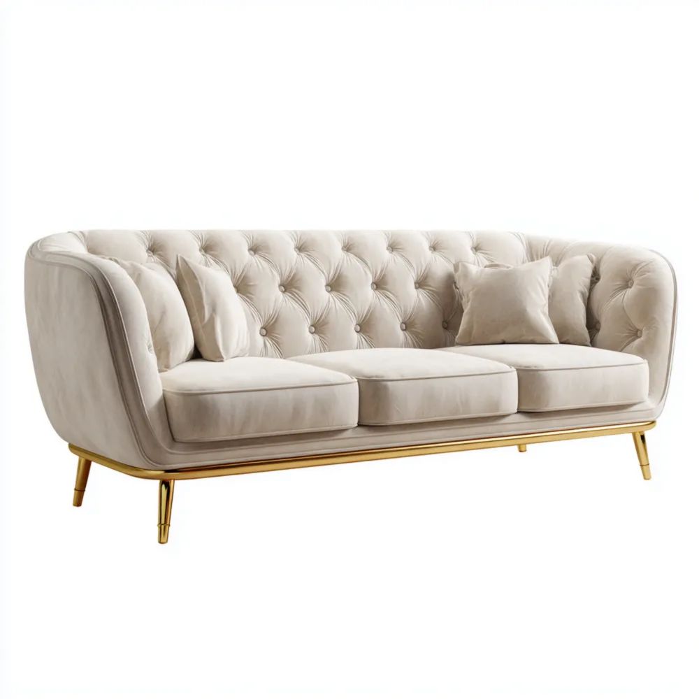 Canapé trois places Velours 220x95x75 cm – Beige – Design élégant