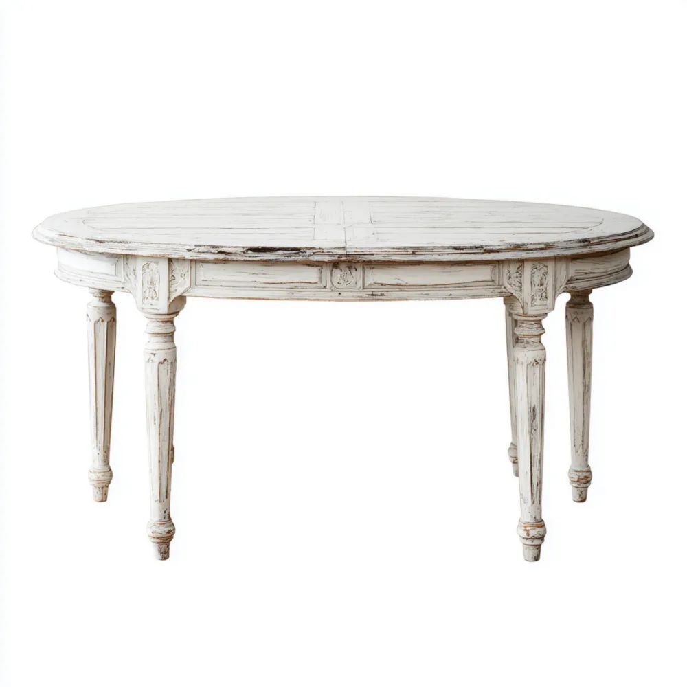 Table à manger ovale 180x90x75 cm en bois – Blanc vieilli – Style antique