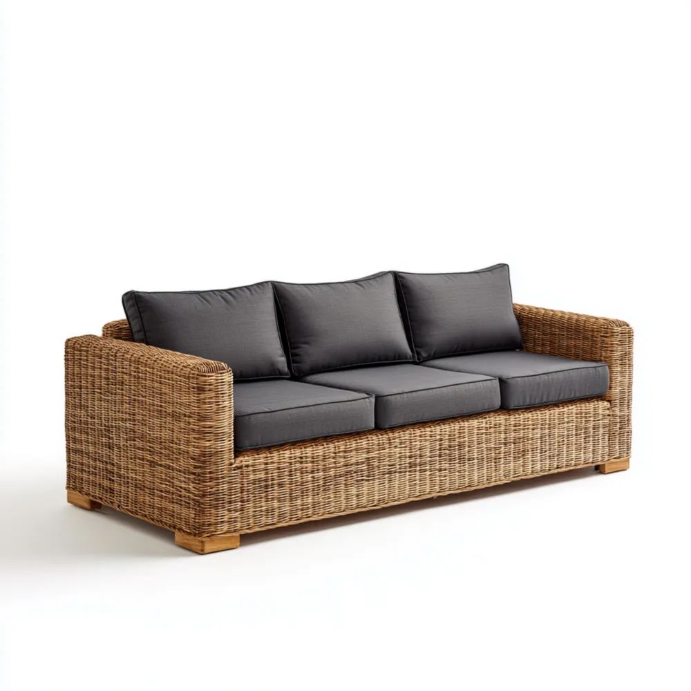 Canapé de jardin trois places en résine tressée 210x85x70 cm Coussins Gris