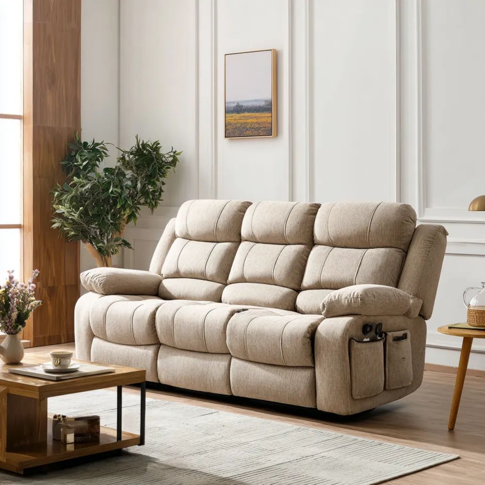 Canapé trois places Tissu 200x90x100 cm - Beige - Design Réclinable