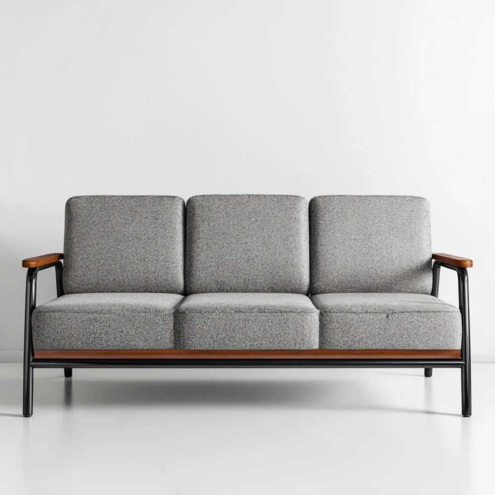 Canapé trois places 185x70x80 cm - Cadre en métal avec accoudoirs en bois - Gris - Design moderne