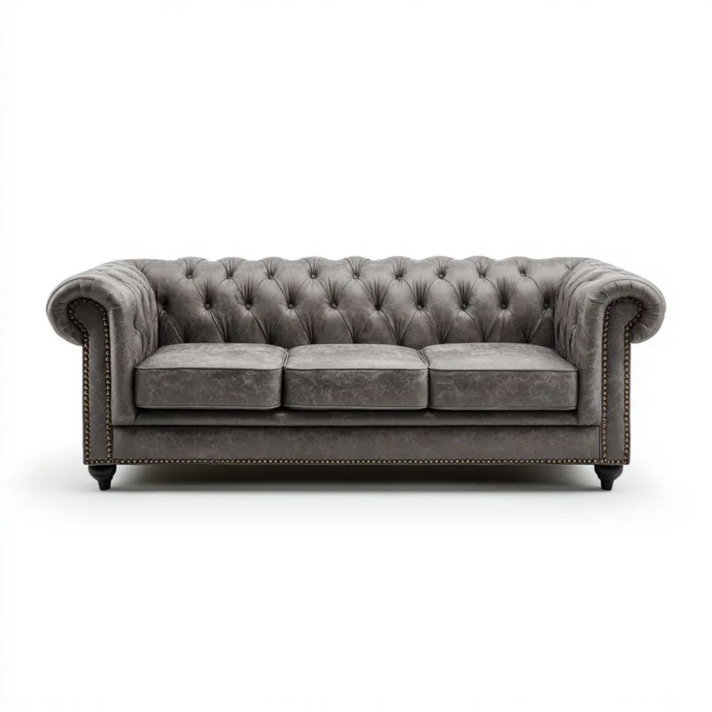 Canapé trois places en cuir 220x85x75 cm - Gris - Design classique