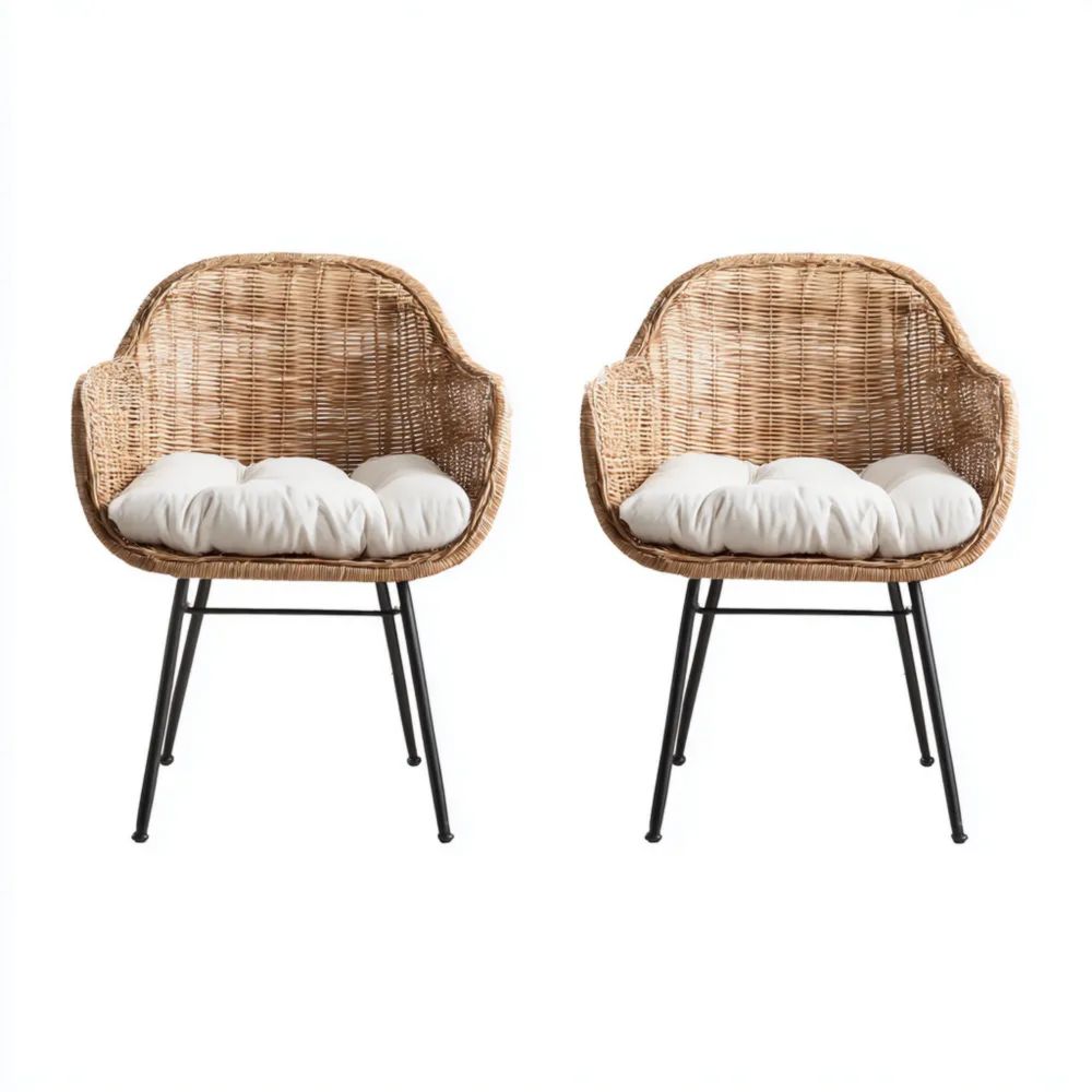 Fauteuils de jardin 60x65x85 cm en rotin synthétique avec coussins – Naturel/Beige – Design moderne