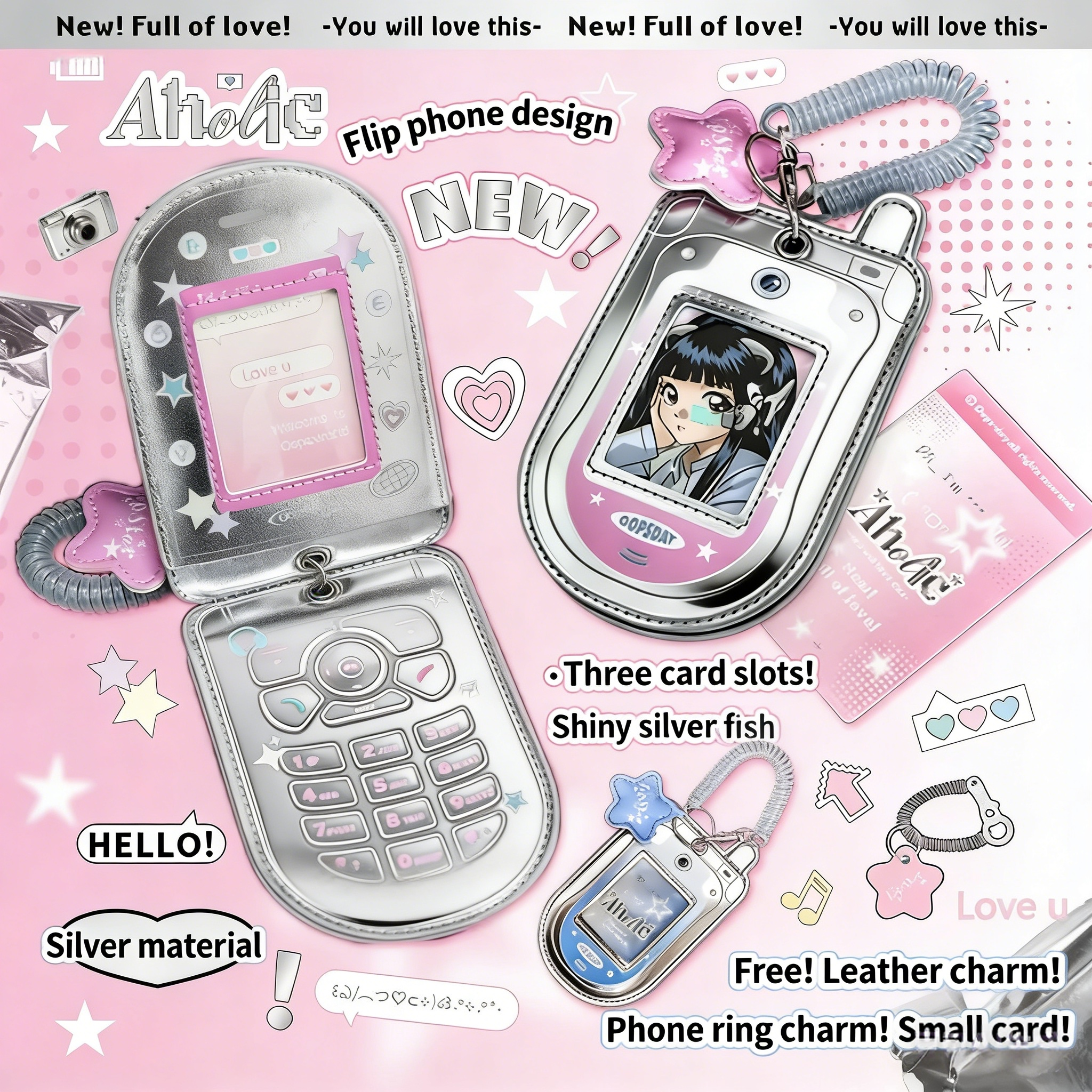 RosyPosy Flip Phone-Style Photocard Holder – Silver Leather with Clear Display Window, Protective Sleeve for Students & K-pop Fans