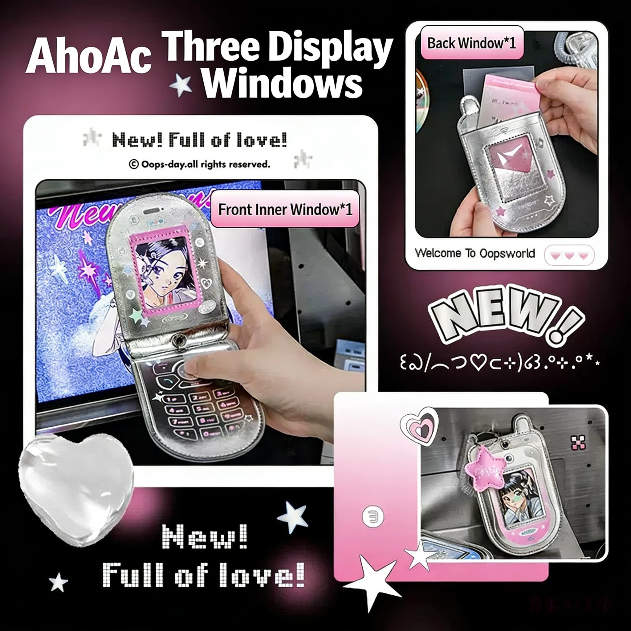 RosyPosy Flip Phone-Style Photocard Holder – Silver Leather with Clear Display Window, Protective Sleeve for Students & K-pop Fans