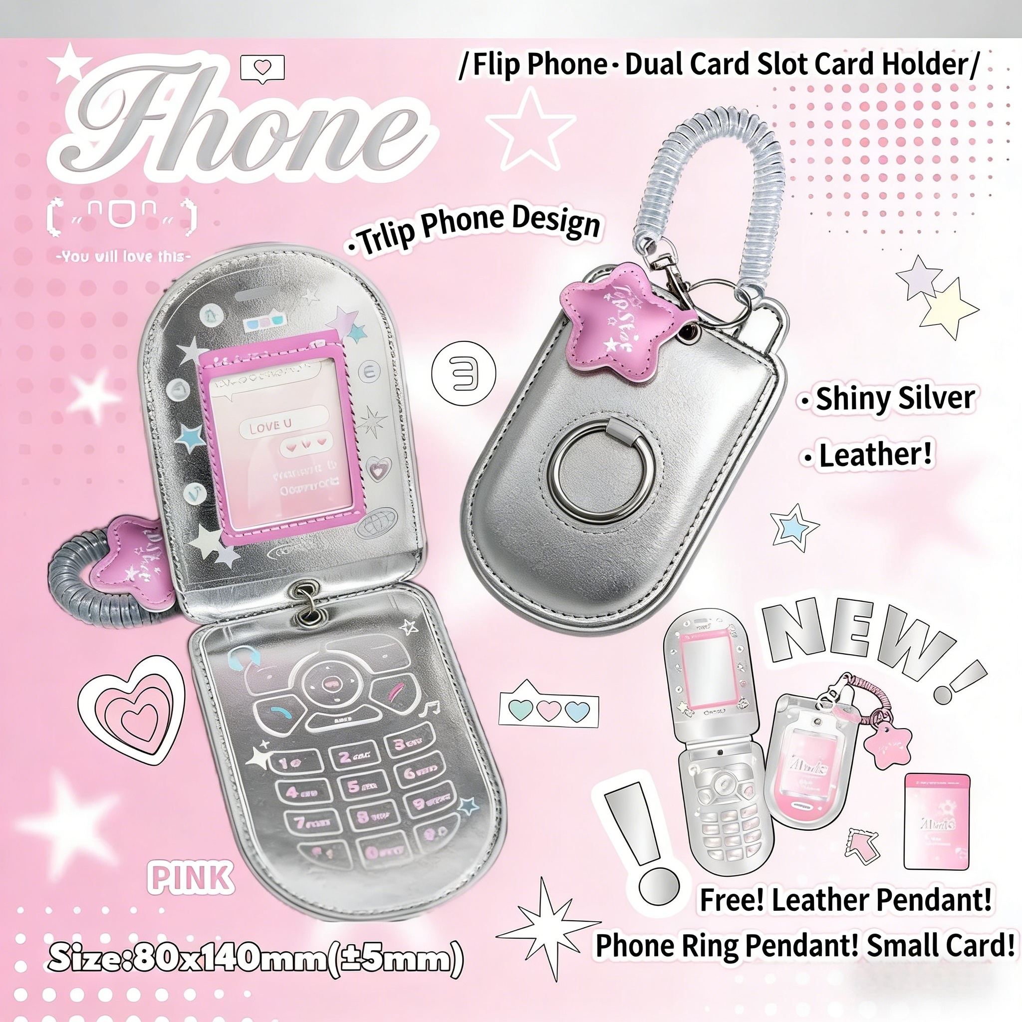 RosyPosy Flip Phone-Style Photocard Holder – Silver Leather with Clear Display Window, Protective Sleeve for Students & K-pop Fans