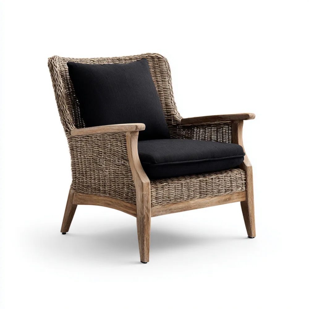 Fauteuil en rotin et bois 70x78x85 cm coussin Noir
