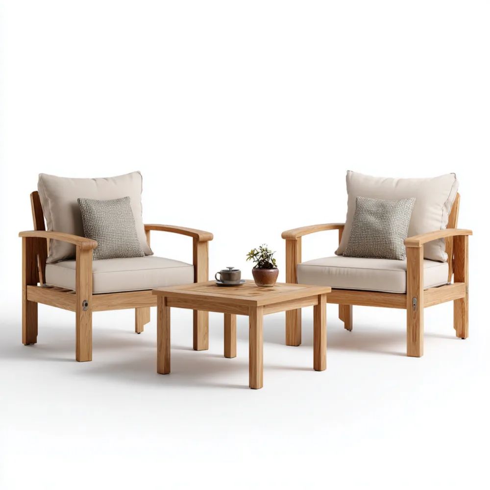 Ensemble de salon de jardin bois 75x70x90 cm 2 fauteuils avec table 60x60x40 cm – Beige – Design contemporain