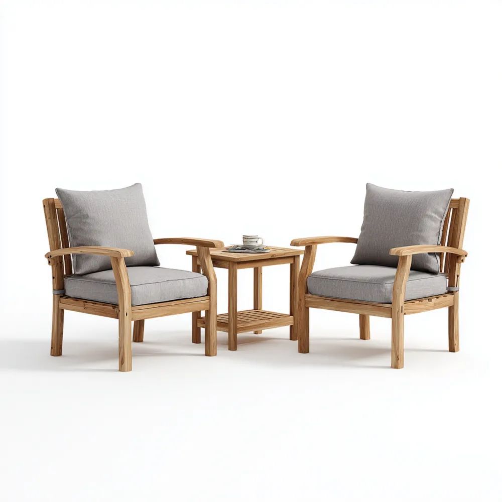 Ensemble de détente de jardin en bois et coussins Gris - Fauteuil: 75x80x90 cm, Table: 50x50x45 cm