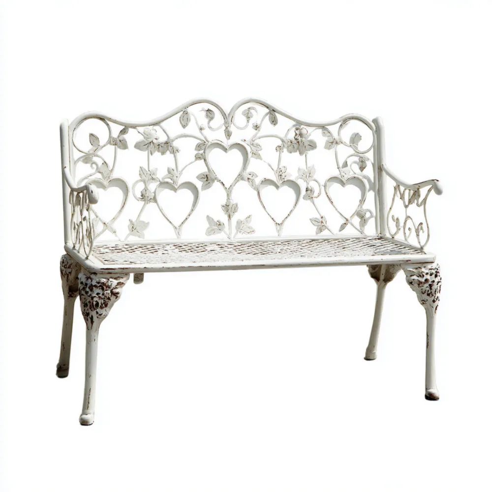Banc de jardin en fonte 2 places 110x54x89 cm – Blanc Antique – Design romantique