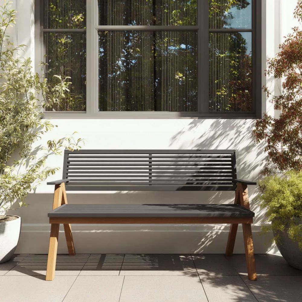 Banc de jardin en bois et métal 140x45x88 cm - Noir/Bois - Moderne