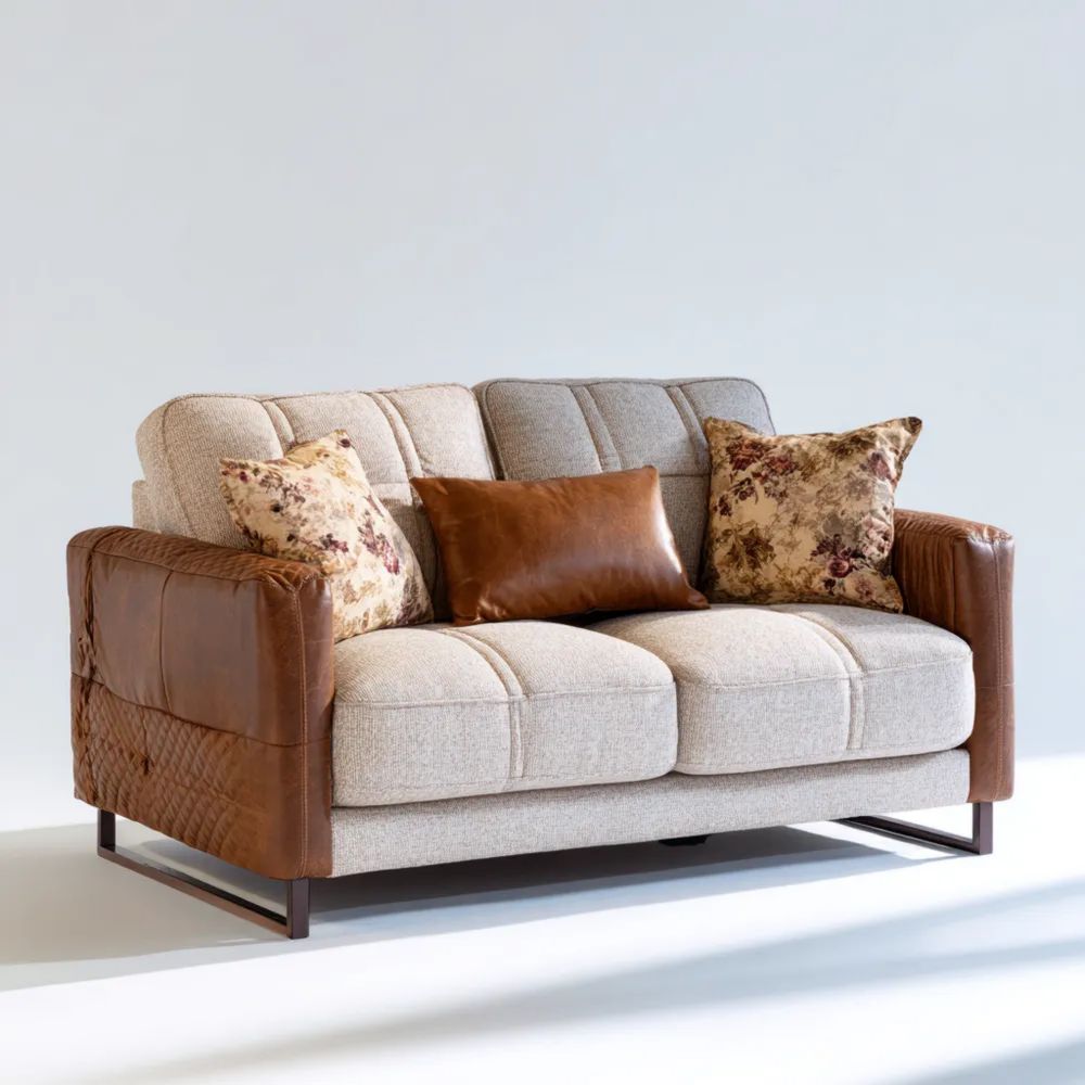 Canapé deux places Tissu et Similicuir 150x85x90 cm - Beige/Marron - Design Classique