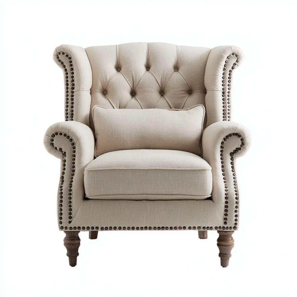 Fauteuil en Tissu Beige Clouté Design Classique 85x90x105 cm