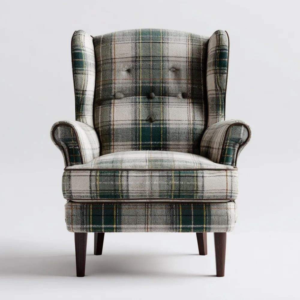 Fauteuil à oreilles 85x90x110 cm en Tissu Écossais – Vert/Gris – Design Classique