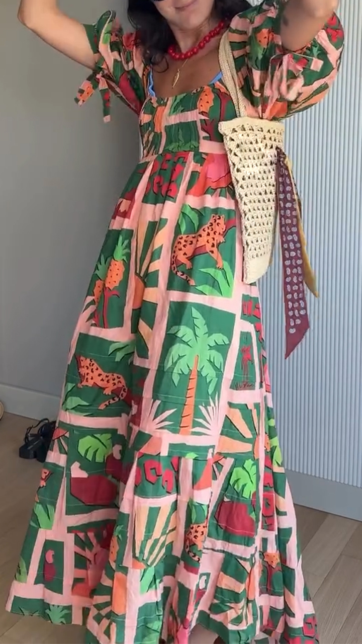 Womens Square Neck Printed Short Sleeved Bohemian Casual Maxi Dress