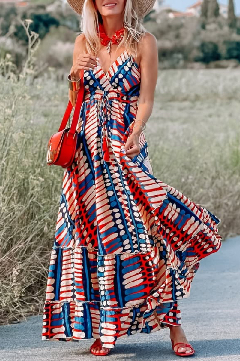 Women's V-neck Patchwork Tie-up Vacation Dress