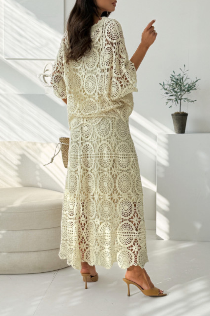 Women Round Neck Pattern Hollowed Out Top + Half Skirt Elegant Casual Set