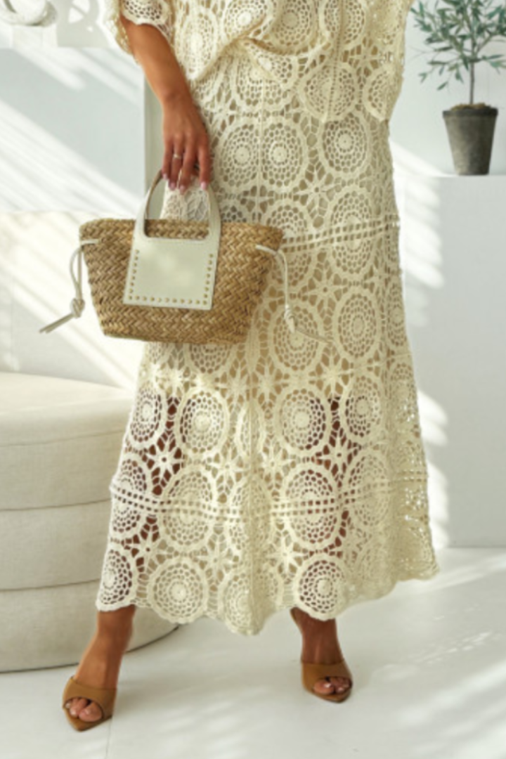 Women Round Neck Pattern Hollowed Out Top + Half Skirt Elegant Casual Set