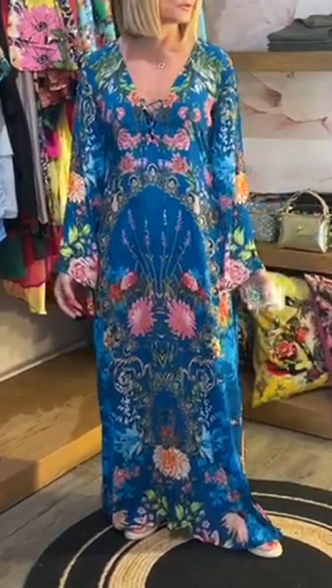 Women V-neck Long-sleeved Printed Casual Maxi Dress