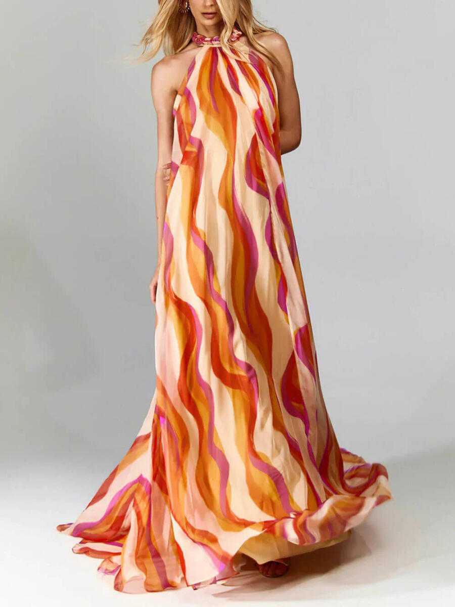 Women Neck Hanging Sleeveless Wavy Print Elegant Temperament Maxi Dress