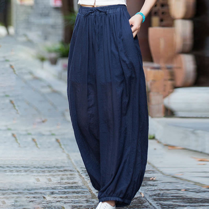 Summer Plain Color Linen Drawstring Pants With Pockets