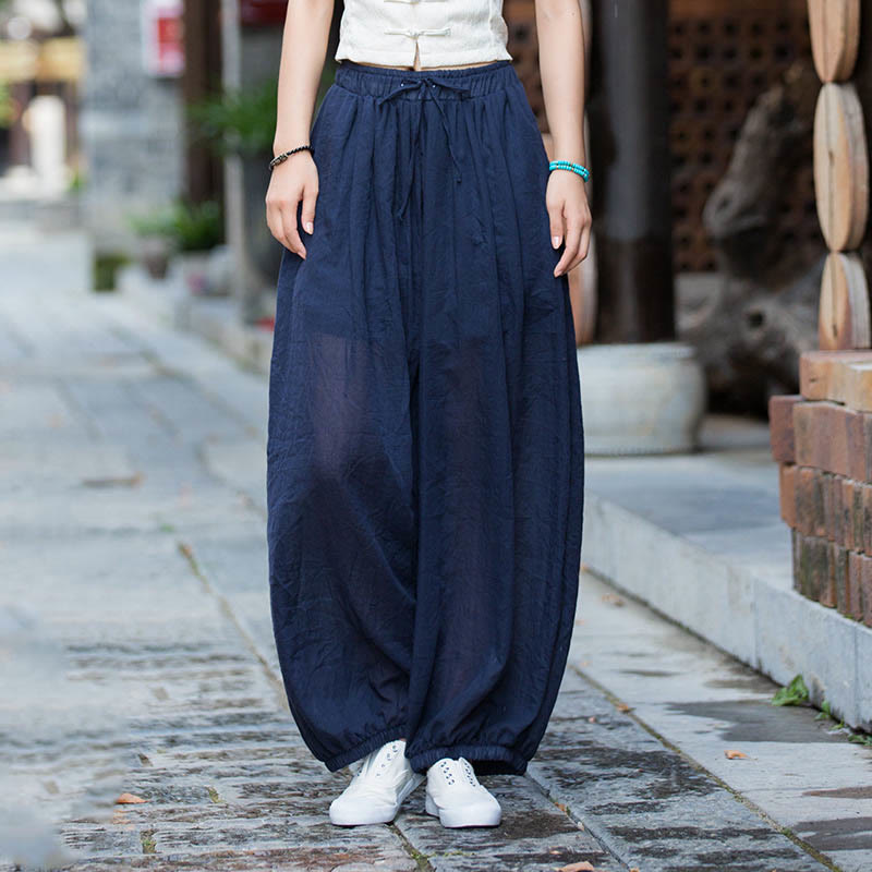 Summer Plain Color Linen Drawstring Pants With Pockets