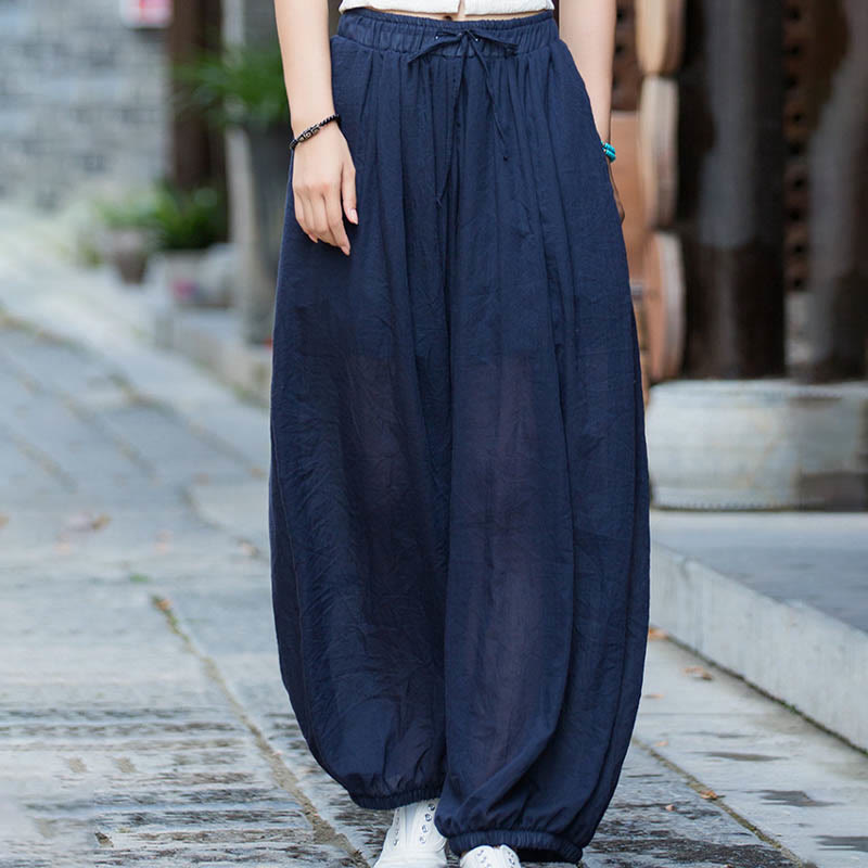 Summer Plain Color Linen Drawstring Pants With Pockets