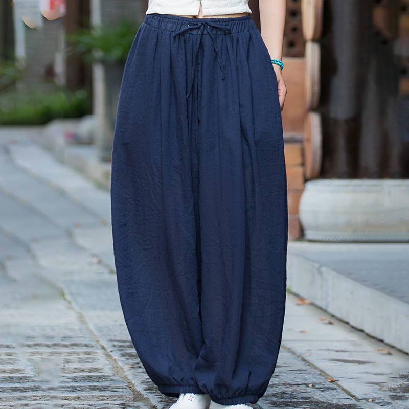 Summer Plain Color Linen Drawstring Pants With Pockets