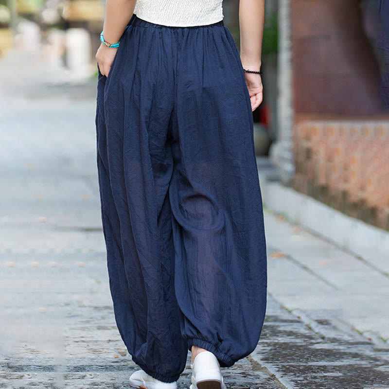Summer Plain Color Linen Drawstring Pants With Pockets