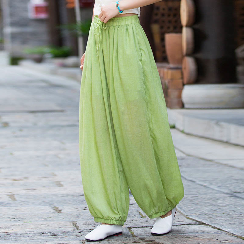 Summer Plain Color Linen Drawstring Pants With Pockets
