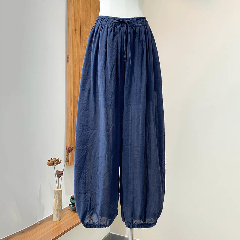 Summer Plain Color Linen Drawstring Pants With Pockets