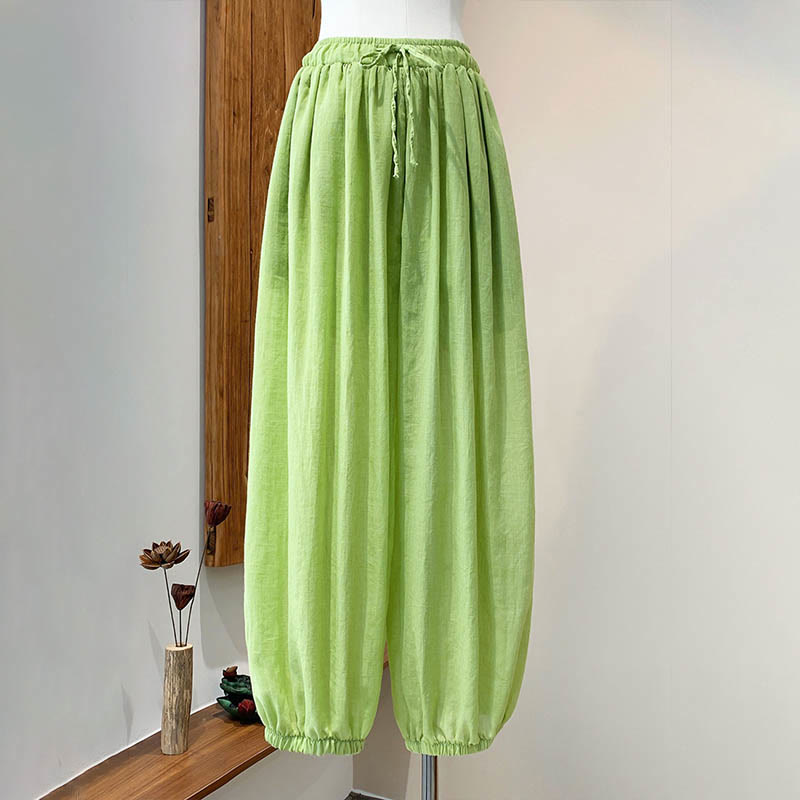 Summer Plain Color Linen Drawstring Pants With Pockets