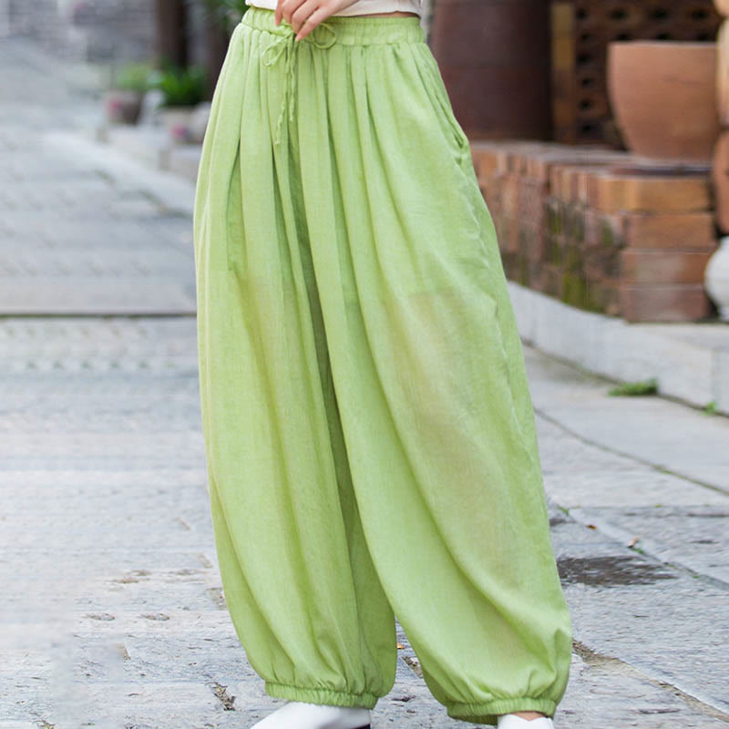 Summer Plain Color Linen Drawstring Pants With Pockets