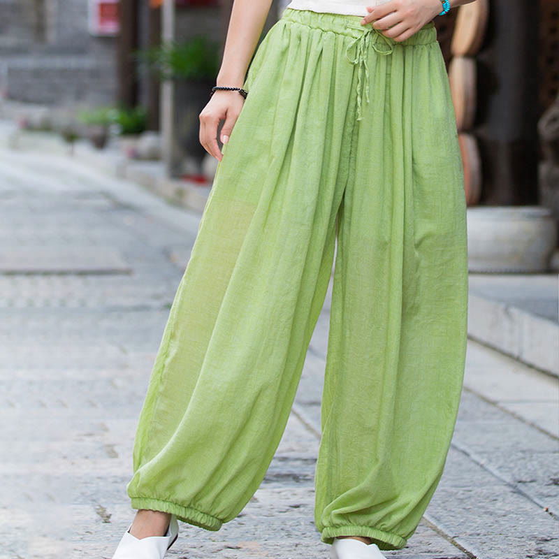 Summer Plain Color Linen Drawstring Pants With Pockets