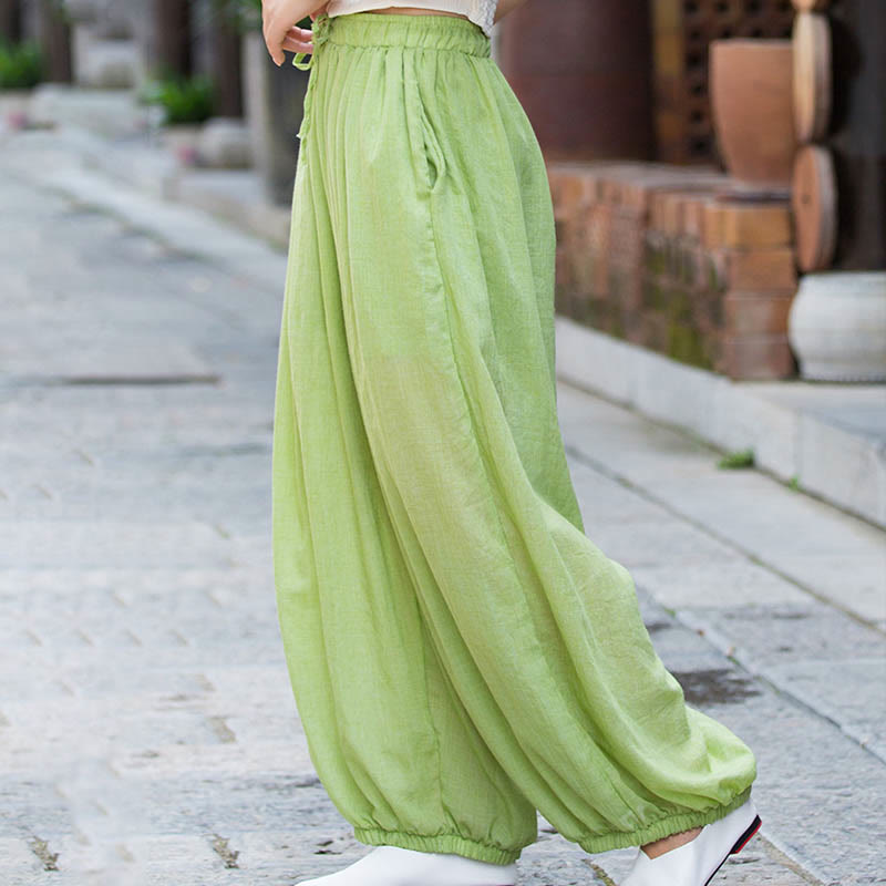 Summer Plain Color Linen Drawstring Pants With Pockets