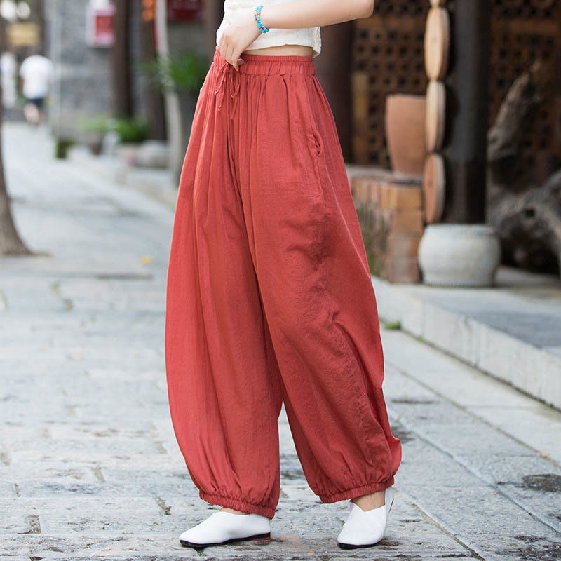 Summer Plain Color Linen Drawstring Pants With Pockets