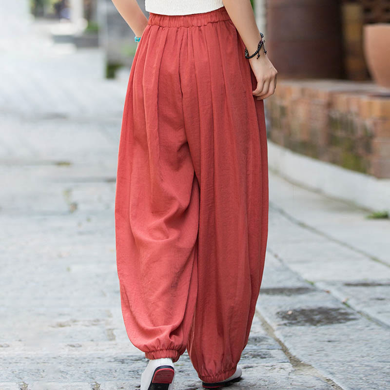 Summer Plain Color Linen Drawstring Pants With Pockets