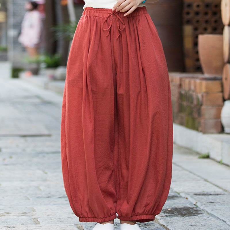 Summer Plain Color Linen Drawstring Pants With Pockets