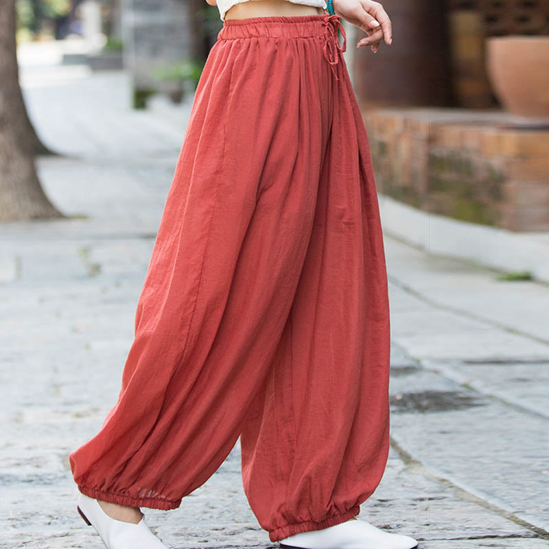 Summer Plain Color Linen Drawstring Pants With Pockets