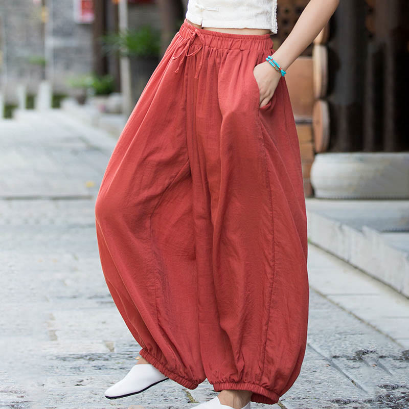 Summer Plain Color Linen Drawstring Pants With Pockets