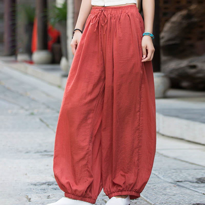 Summer Plain Color Linen Drawstring Pants With Pockets
